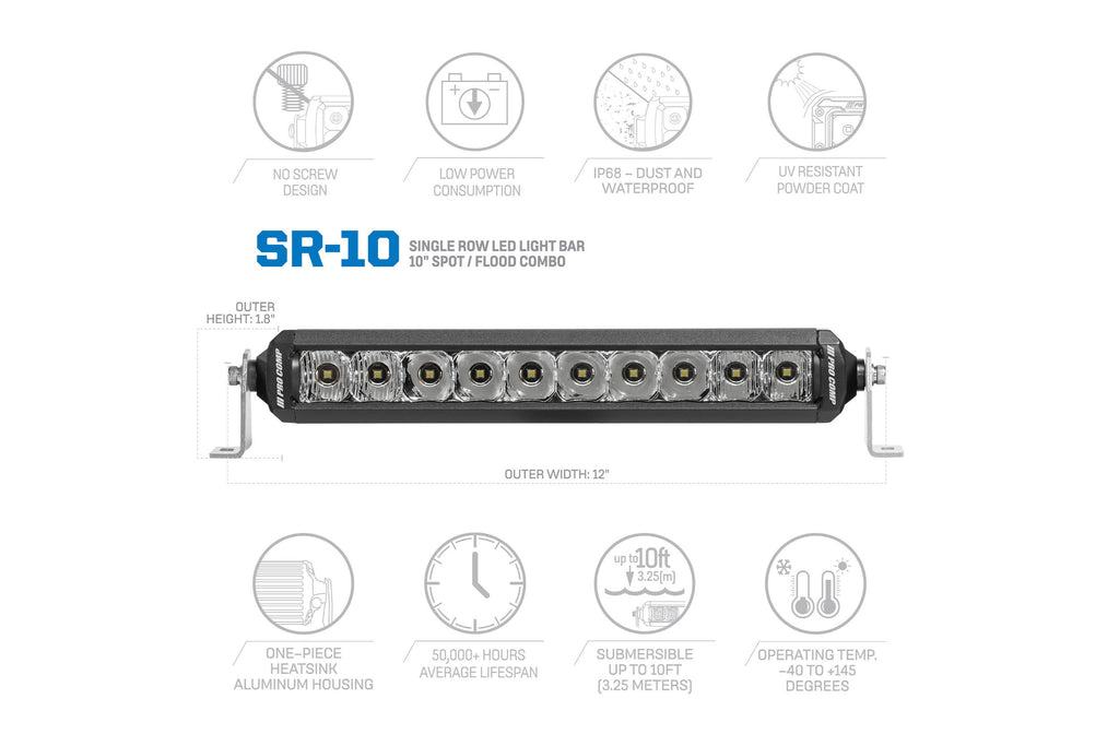 Pro Comp Motorsports Series Single Row Light Bar: 10" / White / Combo Beam