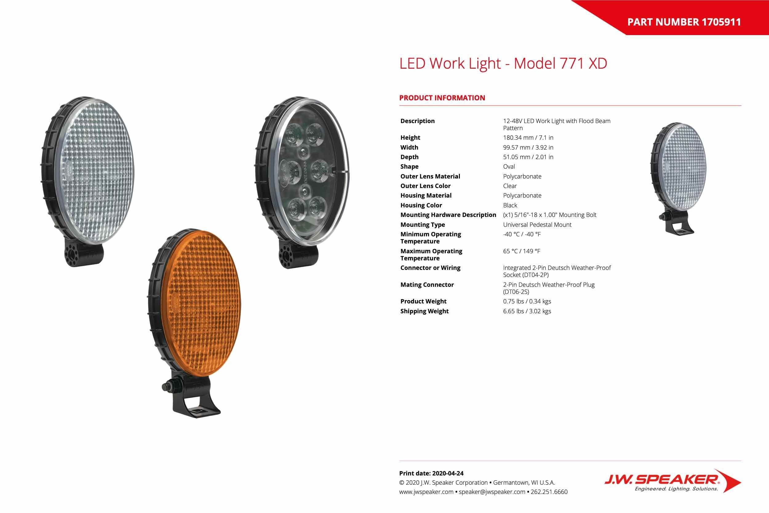 JW Speaker: 771F-12/48V XD LED Worklamp w/Harness