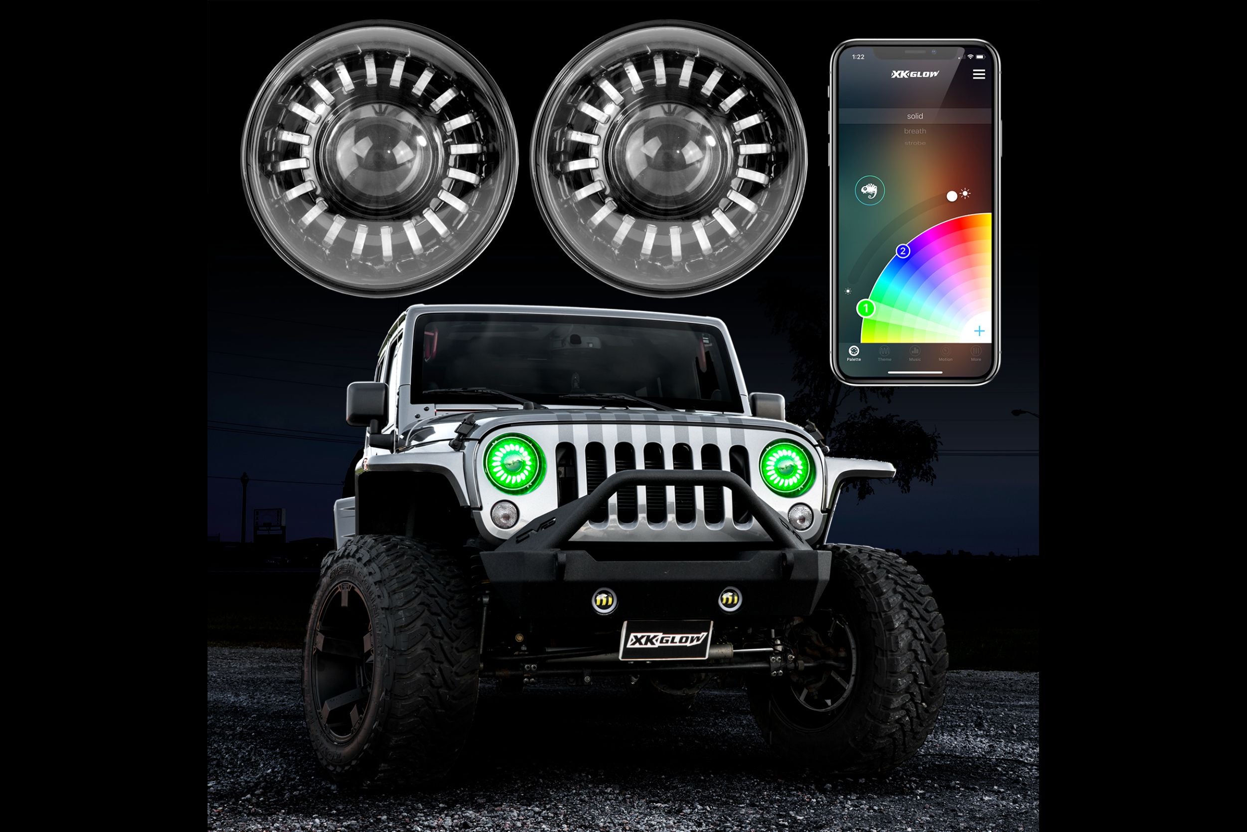 XKChrome RGB LED 7in Wrangler TJ/JK Headlight Kit w/ BT Controller