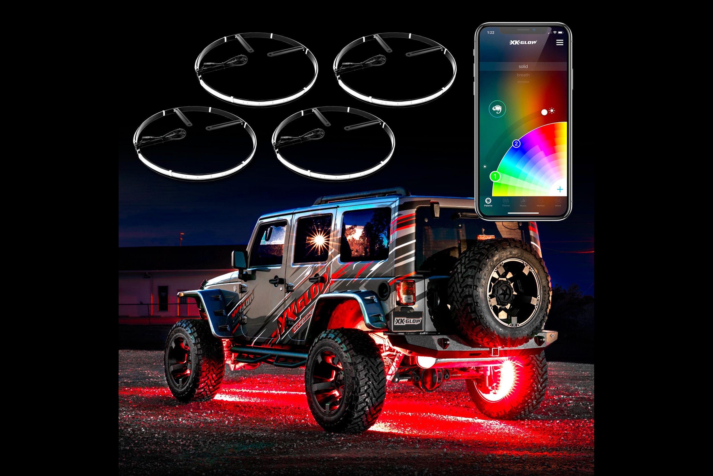 XKChrome RGB LED Wheel Rings: 15in / 4pc Set w/ Dash Mount Controller