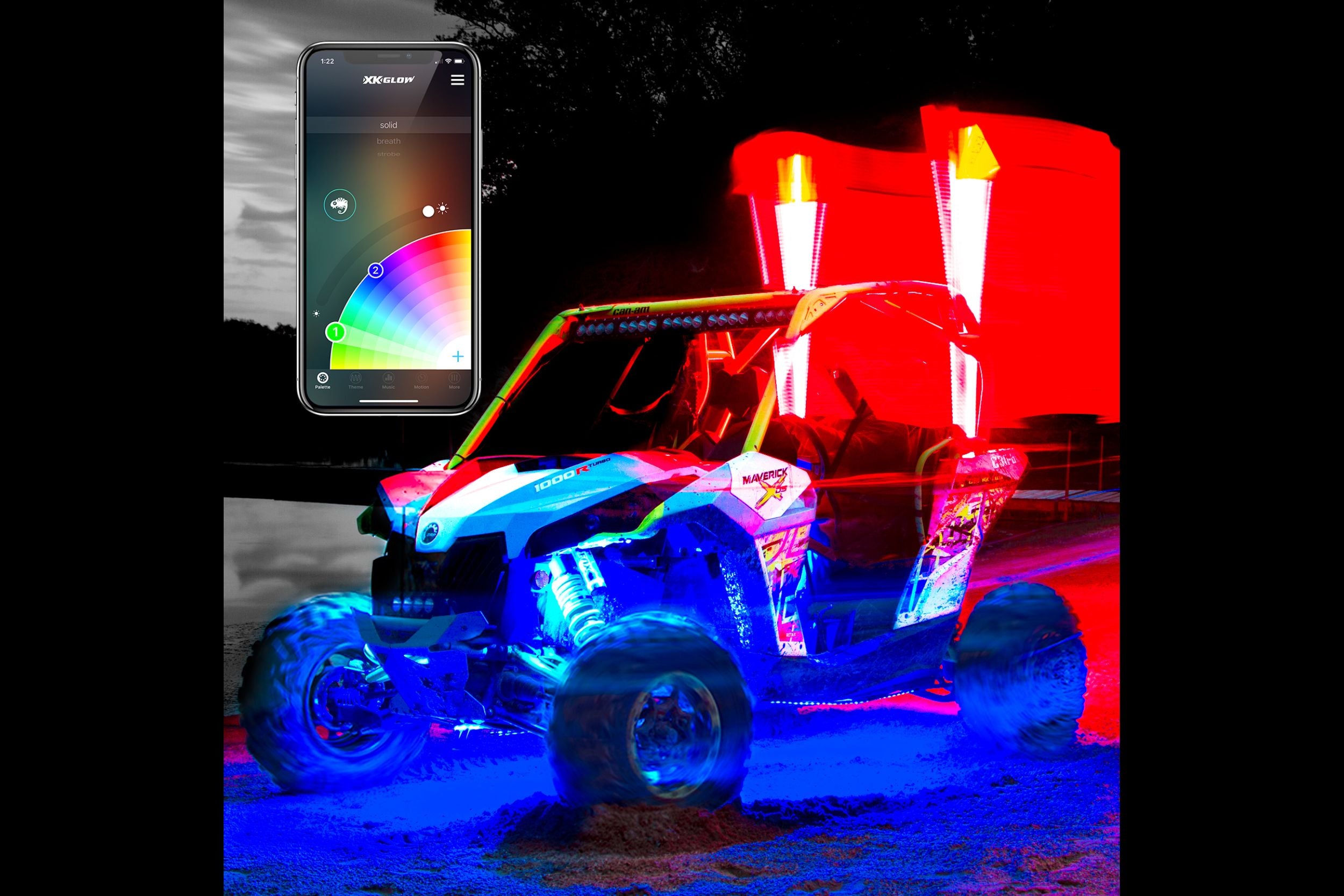 XKChrome RGB LED Whip Lights: 32in / Pair w/ Dash Mount Controller
